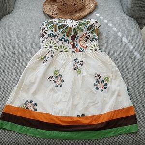 Strapless Floral Print Cotton Dress in White, Green & Orange